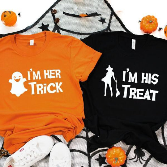 Camisetas de Halloween para parejas: "Él pide dulces" y "ella pide dulces"