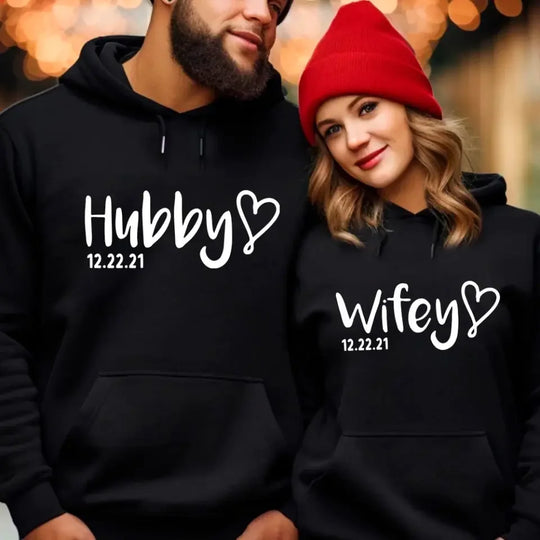 Hubby & Wifey Personalized Wedding Date Black Hoodie