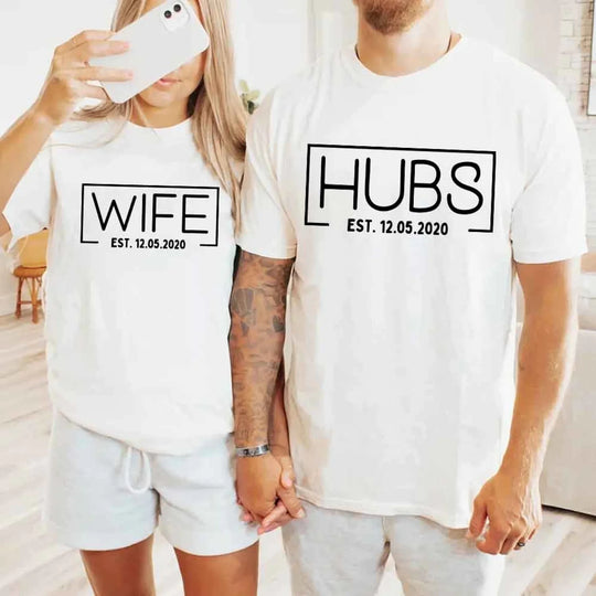 Custom Couples Shirts – Wife & Hubs Est Date Tees for Anniversary Gift