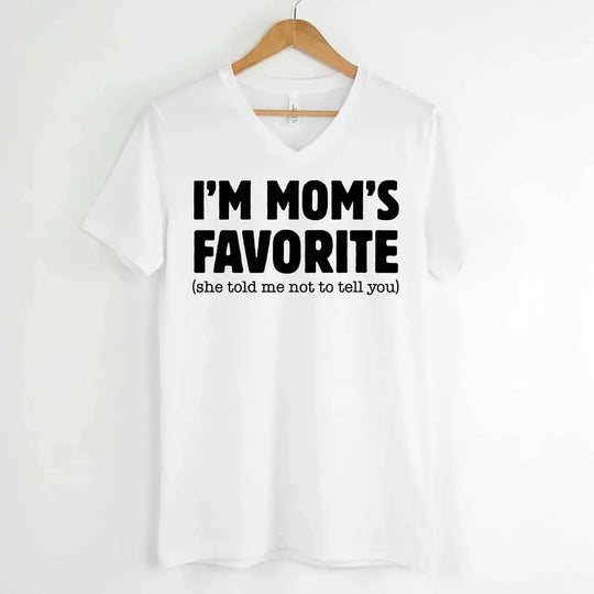 May include a V-neck shirt displaying a bold humorous message claiming to be Mom’s favorite.