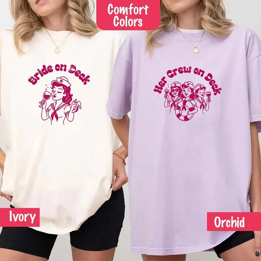 May include a nautical-themed Comfort Colors shirt with the phrase “Bride on Deck,” designed for beach weddings, cruise bachelorette parties, or bridal celebrations by the sea.