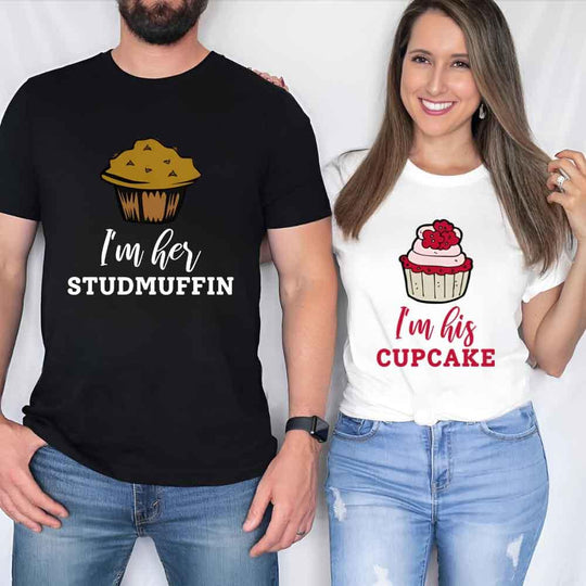 May include a cupcake-themed couple t-shirt with playful graphics symbolizing love and sweetness.