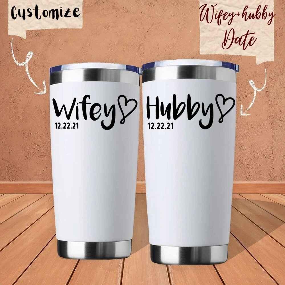 Personalized white tumblers with 'Wifey' and 'Hubby' text, custom date, and heart design