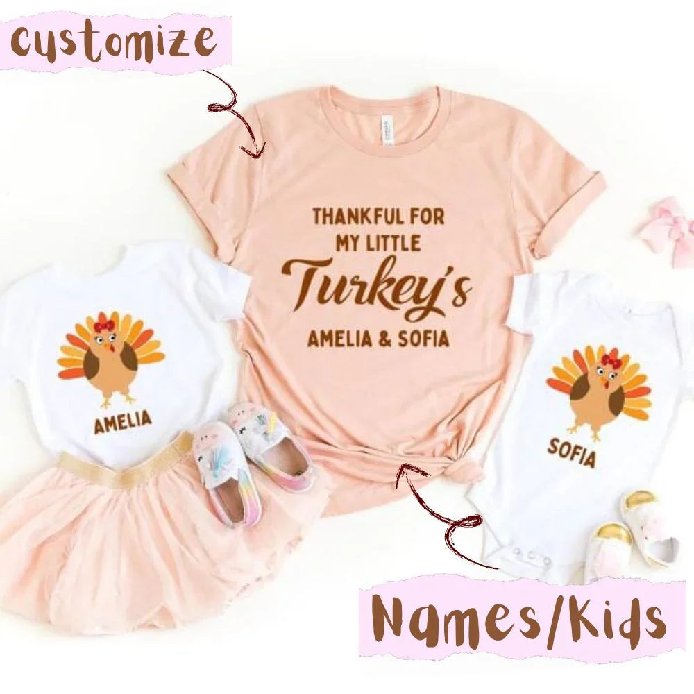Personalized Thanksgiving family shirts set with turkey designs and custom kids' names
