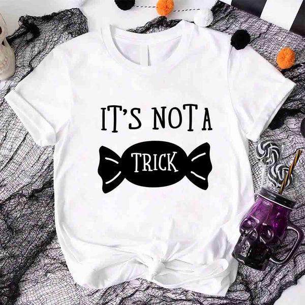 May include matching couple Halloween pregnancy announcement shirts, one reading ‘We’re Expecting a Little Treat’ with candy and baby footprints, and the other reading ‘It’s Not Trick’ with candy graphic – fun maternity reveal apparel.