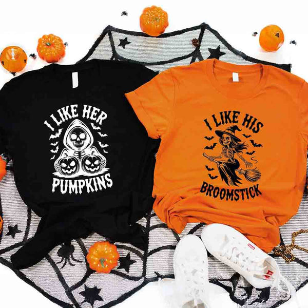 May include matching couple Halloween shirts, one with skeleton and pumpkins graphic reading ‘I Like Her Pumpkins,’ and the other with skeleton witch flying on broom reading ‘I Like His Broomstick’ – funny spooky couple tees.