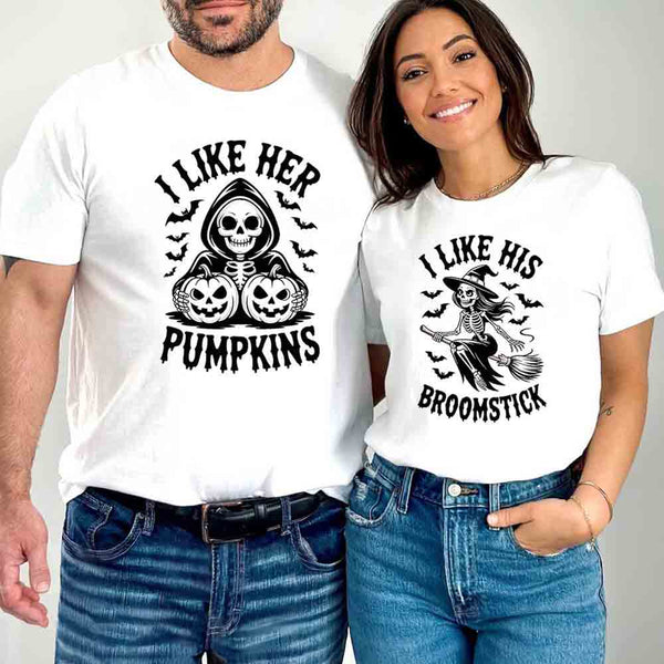 May include matching couple Halloween shirts, one with skeleton and pumpkins graphic reading ‘I Like Her Pumpkins,’ and the other with skeleton witch flying on broom reading ‘I Like His Broomstick’ – funny spooky couple tees.