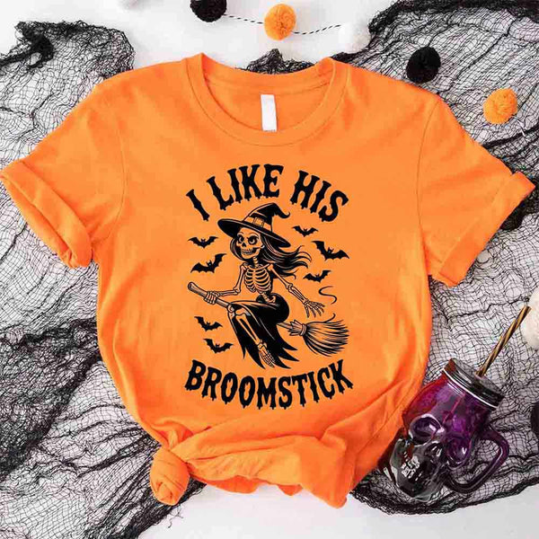 May include matching couple Halloween shirts, one with skeleton and pumpkins graphic reading ‘I Like Her Pumpkins,’ and the other with skeleton witch flying on broom reading ‘I Like His Broomstick’ – funny spooky couple tees.