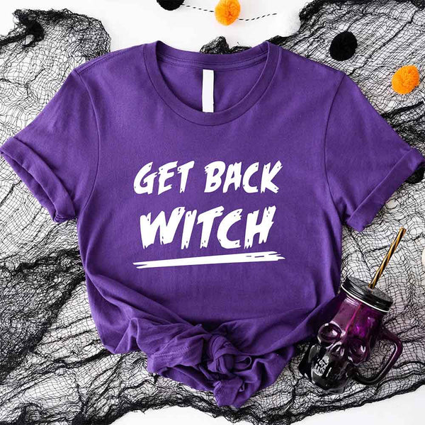 May include matching couple Halloween shirts with bold text, one reading ‘Get Back Witch’ and the other ‘I’m Not a Witch, I’m Your Wife’ – funny spooky graphic tees for couples.