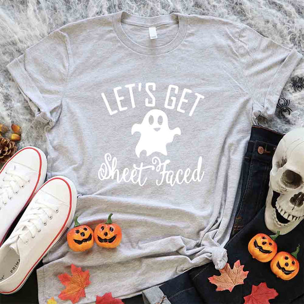 May include matching couple Halloween shirts with bold text, one reading ‘Let’s Get Smashed’ with jack-o’-lantern graphic on white tee, and the other reading ‘Let’s Get Sheet Faced’ with ghost graphic on black tee – funny spooky couple apparel.