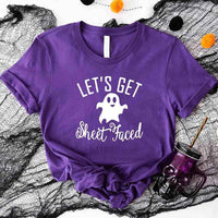 May include matching couple Halloween shirts with bold text, one reading ‘Let’s Get Smashed’ with jack-o’-lantern graphic on white tee, and the other reading ‘Let’s Get Sheet Faced’ with ghost graphic on black tee – funny spooky couple apparel.