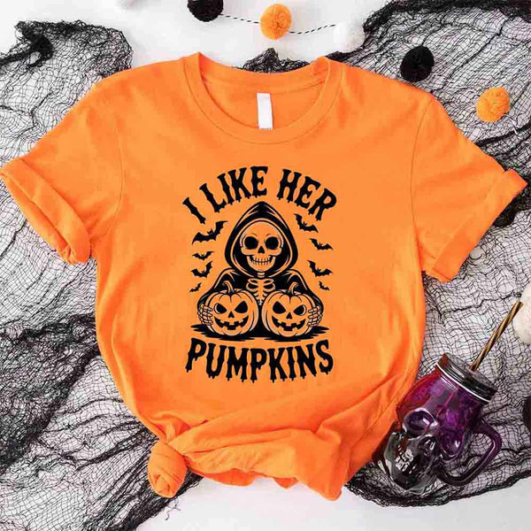 May include matching couple Halloween shirts, one with skeleton and pumpkins graphic reading ‘I Like Her Pumpkins,’ and the other with skeleton witch flying on broom reading ‘I Like His Broomstick’ – funny spooky couple tees.