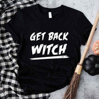 May include matching couple Halloween shirts with bold text, one reading ‘Get Back Witch’ and the other ‘I’m Not a Witch, I’m Your Wife’ – funny spooky graphic tees for couples.