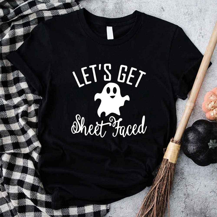 May include matching couple Halloween shirts with bold text, one reading ‘Let’s Get Smashed’ with jack-o’-lantern graphic on white tee, and the other reading ‘Let’s Get Sheet Faced’ with ghost graphic on black tee – funny spooky couple apparel.