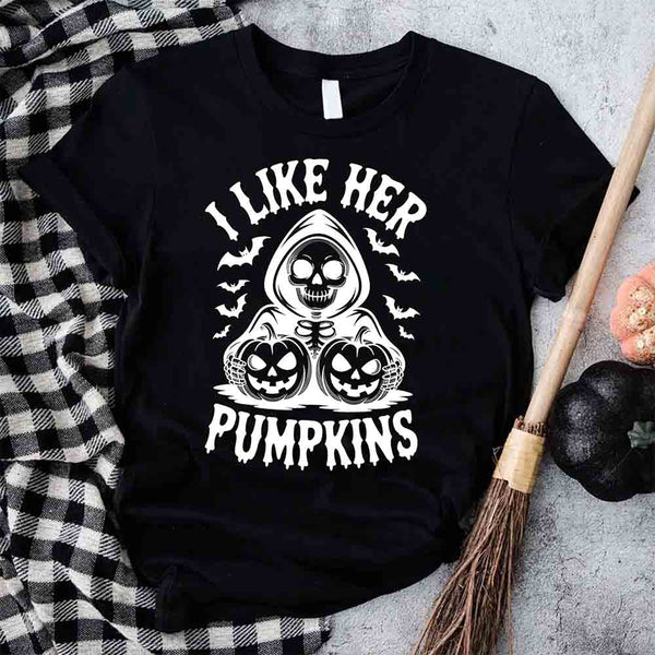 May include matching couple Halloween shirts, one with skeleton and pumpkins graphic reading ‘I Like Her Pumpkins,’ and the other with skeleton witch flying on broom reading ‘I Like His Broomstick’ – funny spooky couple tees.