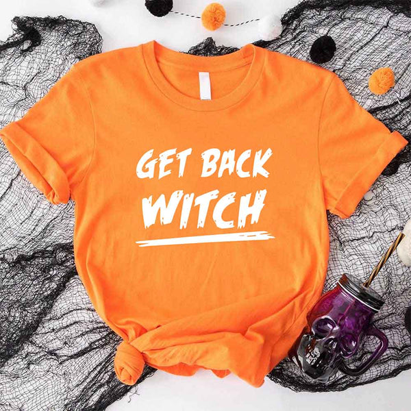 May include matching couple Halloween shirts with bold text, one reading ‘Get Back Witch’ and the other ‘I’m Not a Witch, I’m Your Wife’ – funny spooky graphic tees for couples.