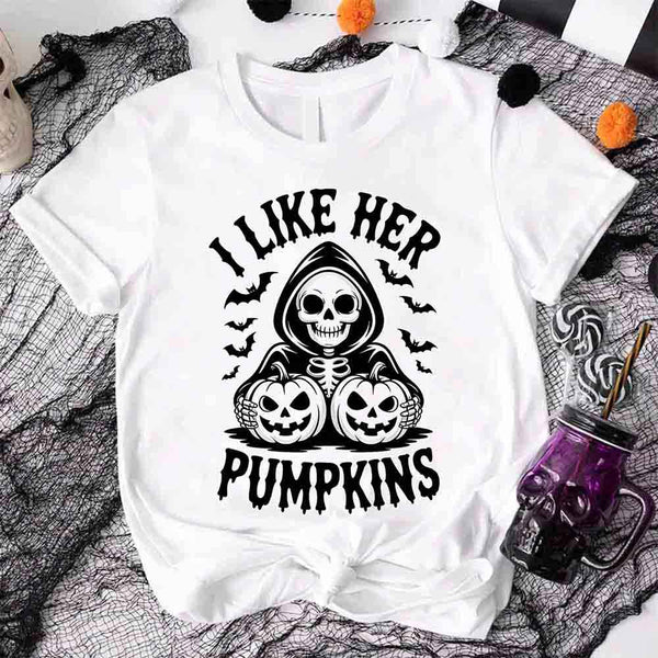 May include matching couple Halloween shirts, one with skeleton and pumpkins graphic reading ‘I Like Her Pumpkins,’ and the other with skeleton witch flying on broom reading ‘I Like His Broomstick’ – funny spooky couple tees.