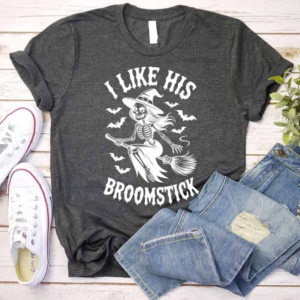 May include matching couple Halloween shirts, one with skeleton and pumpkins graphic reading ‘I Like Her Pumpkins,’ and the other with skeleton witch flying on broom reading ‘I Like His Broomstick’ – funny spooky couple tees.