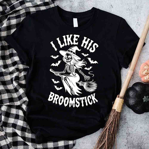 May include matching couple Halloween shirts, one with skeleton and pumpkins graphic reading ‘I Like Her Pumpkins,’ and the other with skeleton witch flying on broom reading ‘I Like His Broomstick’ – funny spooky couple tees.