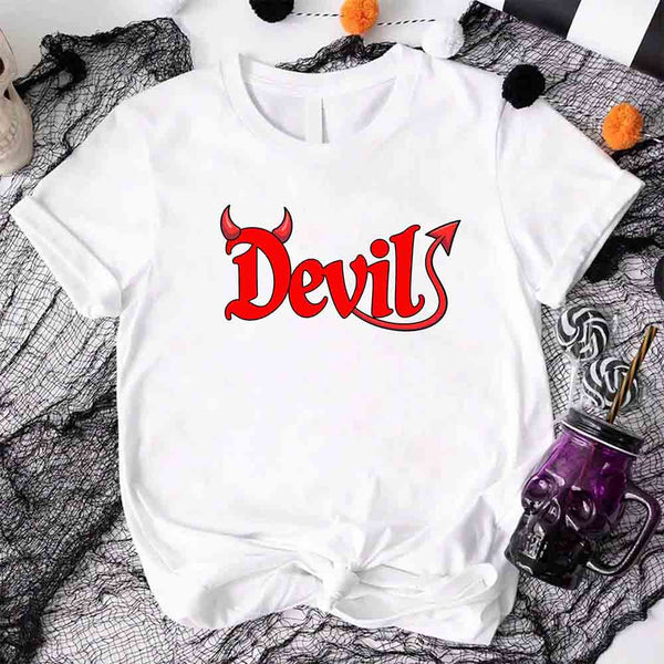 May include matching couple Halloween shirts, one with text ‘I Put the D in Devil’ in white with pitchfork graphic, and the other with bold red ‘Devil’ text featuring horns and tail – funny spooky couple tees.