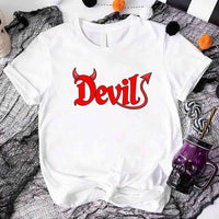 White t-shirt with 'Devil' printed in red on a Halloween-themed background.
