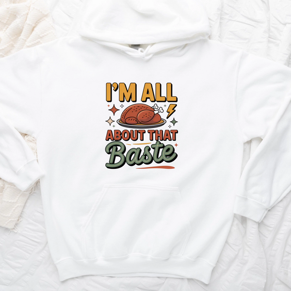 White hoodie with a graphic design and text on a white background
