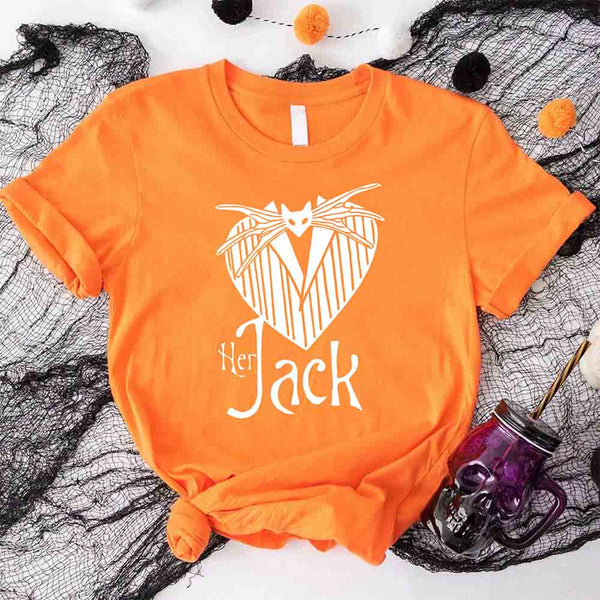 May include matching couple shirts with gothic heart designs, one with text ‘Her Jack’ featuring Jack-inspired design, and the other with text ‘His Sally’ featuring patchwork heart design – spooky couples apparel.