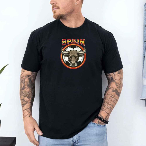 Black t-shirt with Spain soccer bull graphic, worn by a tattooed man.