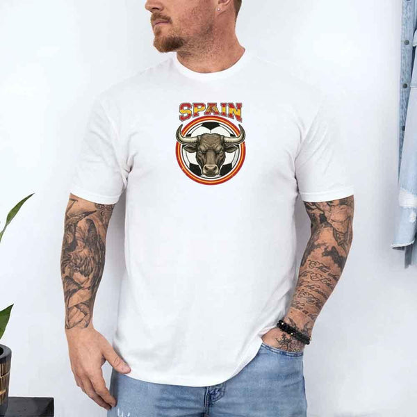 White t-shirt with Spain bull soccer emblem, worn by tattooed man, sports fan graphic tee