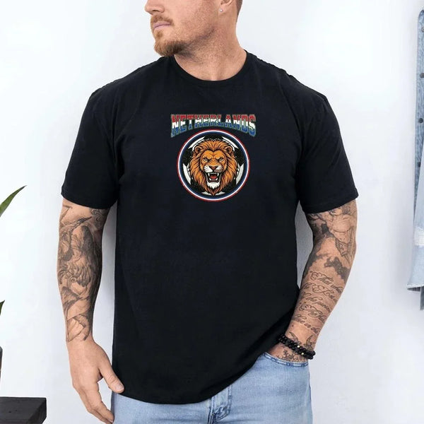 Man wearing black Netherlands soccer fan t-shirt with roaring lion graphic emblem.
