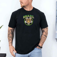 Man wearing black Brazil World Cup soccer t-shirt with jaguar graphic emblem.