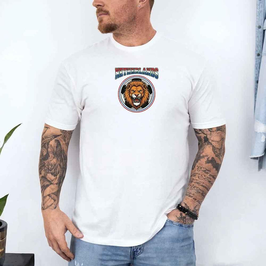 White t-shirt with Netherlands lion soccer emblem, worn by tattooed man