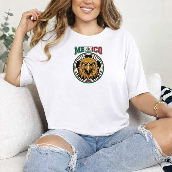 Woman wearing white Mexico eagle graphic soccer fan t-shirt, casual style
