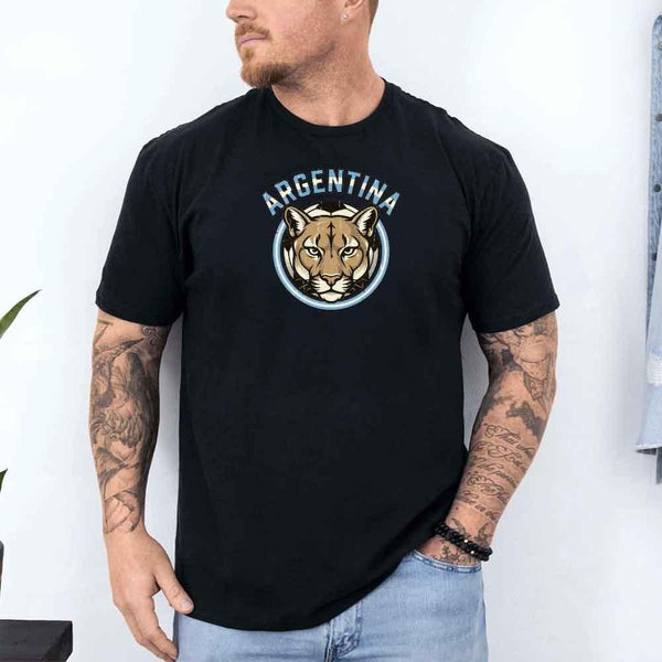 Argentina animal emblem graphic tee with puma and soccer design, men's custom t-shirt