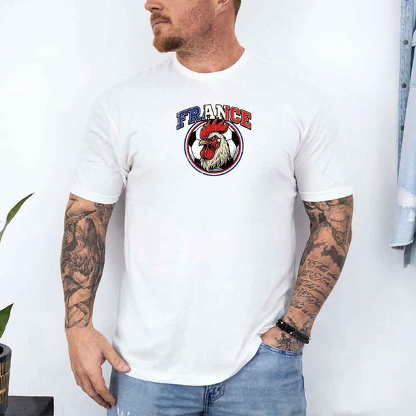 France rooster emblem soccer fan t-shirt, white tee with French animal mascot graphic