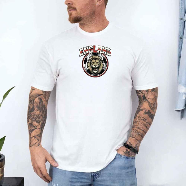 White England soccer fan t-shirt with lion emblem, worn by tattooed man