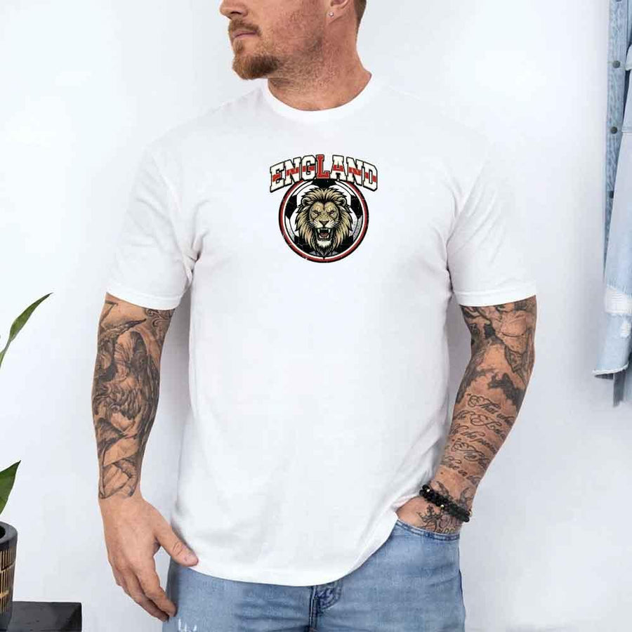 White England soccer fan t-shirt with lion emblem, worn by tattooed man