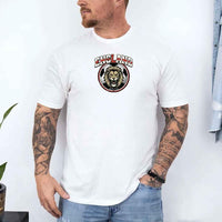 White England soccer fan t-shirt with lion emblem, worn by tattooed man