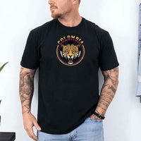 Man wearing black Colombia soccer fan t-shirt with jaguar emblem and bold graphic design