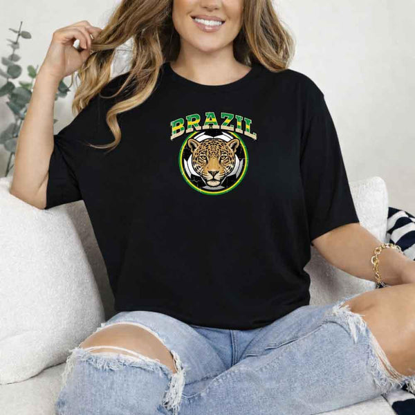 Woman wearing black t-shirt with Brazil jaguar soccer graphic, casual fan outfit