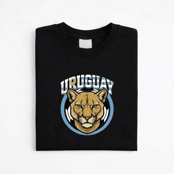 Black Uruguay soccer fan t-shirt with puma graphic and blue circle emblem design