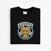 Black Uruguay soccer fan t-shirt with puma graphic and blue circle emblem design