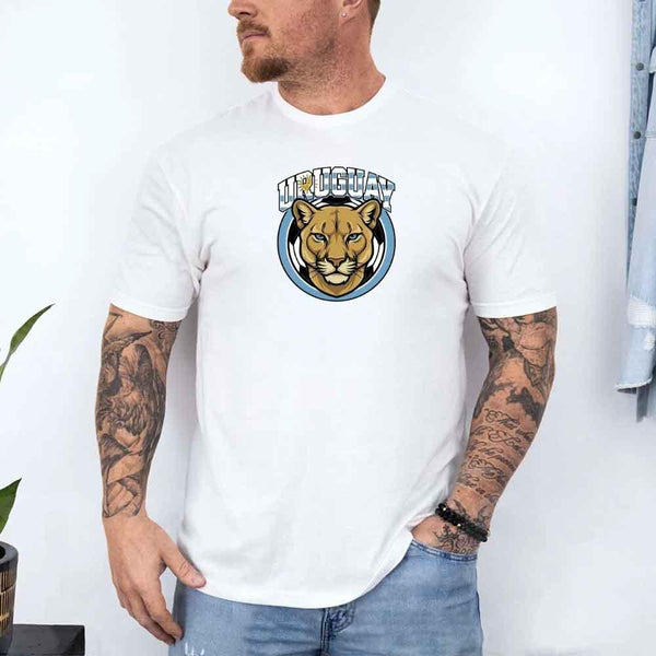 Uruguay animal emblem t-shirt featuring a puma graphic, white soccer fan tee