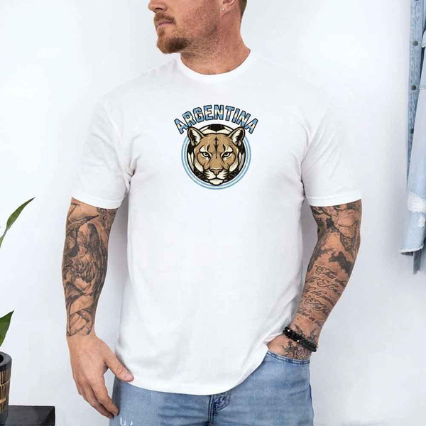 Man wearing white Argentina t-shirt with puma graphic, soccer fan apparel