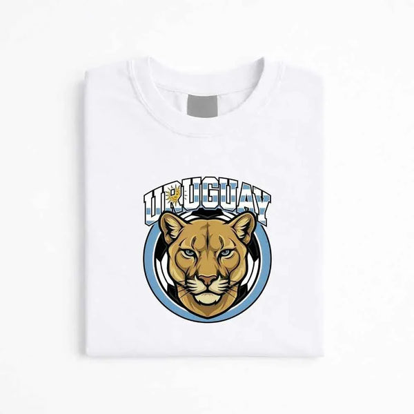 White Uruguay soccer fan t-shirt with puma emblem and blue graphic design