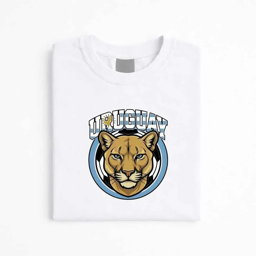 White Uruguay soccer fan t-shirt with puma emblem and blue graphic design
