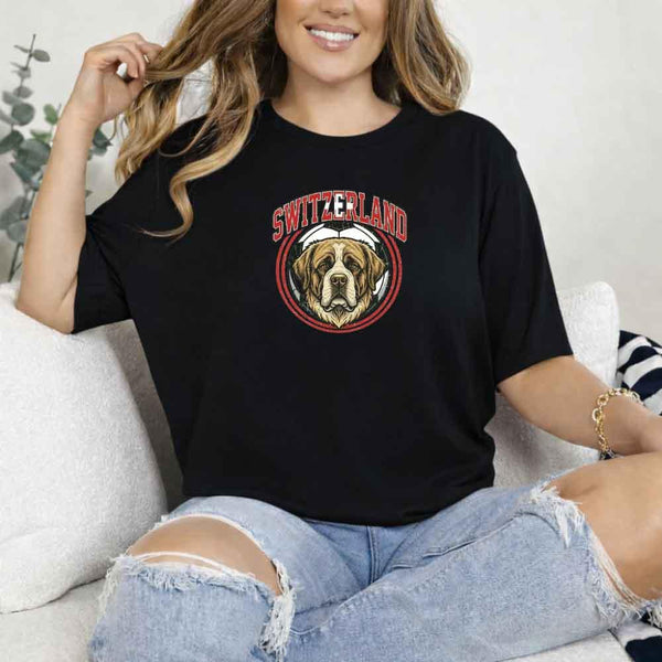 Woman wearing black Switzerland St. Bernard dog graphic soccer fan t-shirt