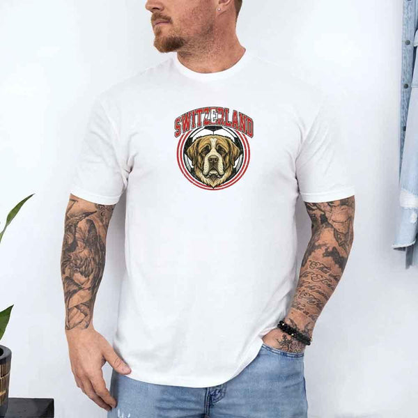 White t-shirt with Switzerland St. Bernard dog and soccer design, worn by tattooed man