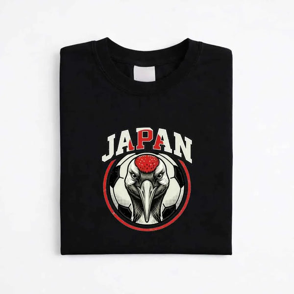 Black Japan soccer fan t-shirt with crane and soccer ball graphic emblem