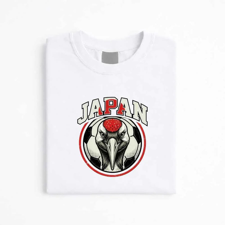 Japan soccer graphic tee with crane and soccer ball design on white shirt